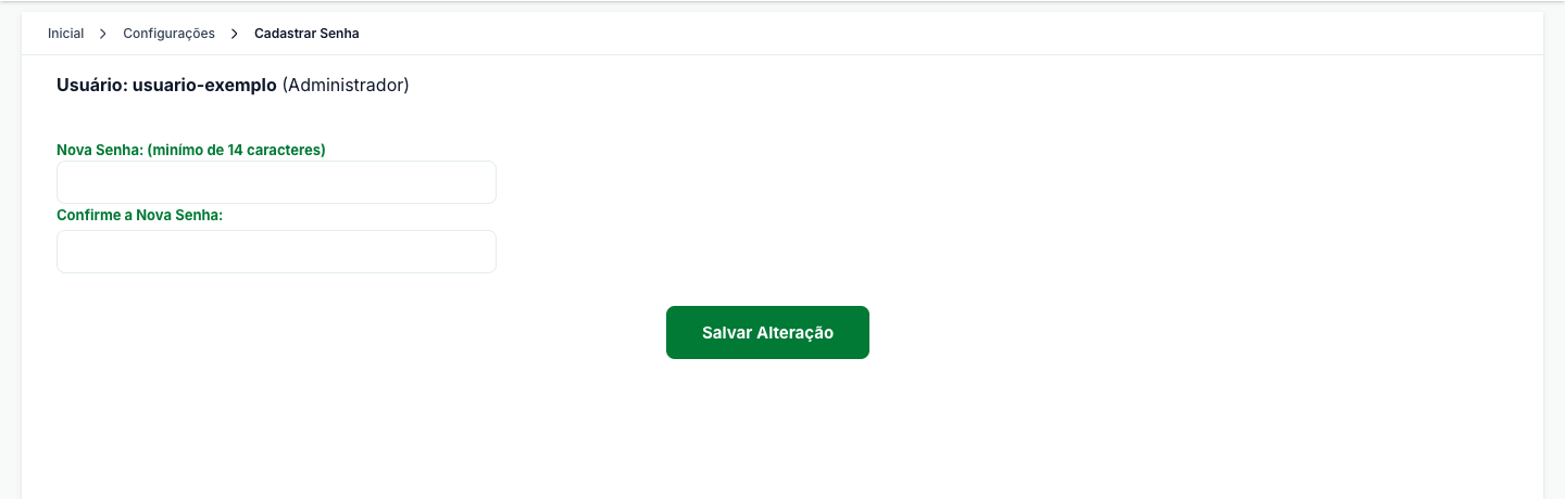 Tela Cadastrar Senha, com os campos de nova senha e confirmação