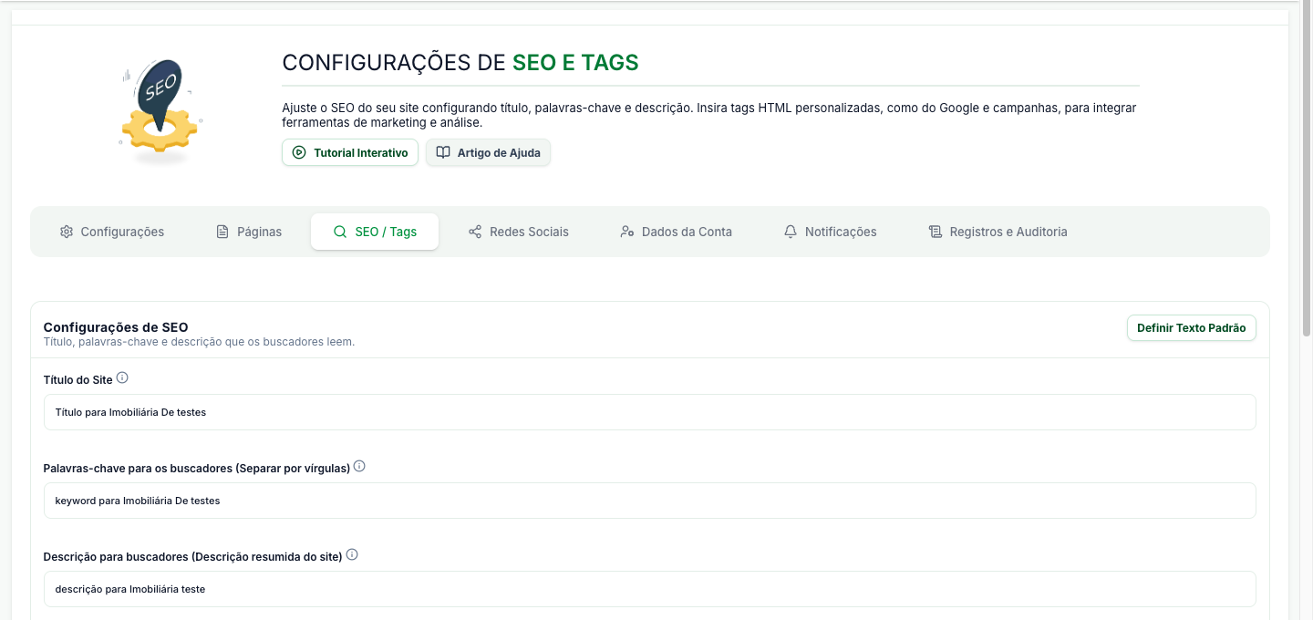 Aba SEO / Tags dentro de Configurações Gerais, com os campos Título do Site, Palavras-chave e Descrição para buscadores