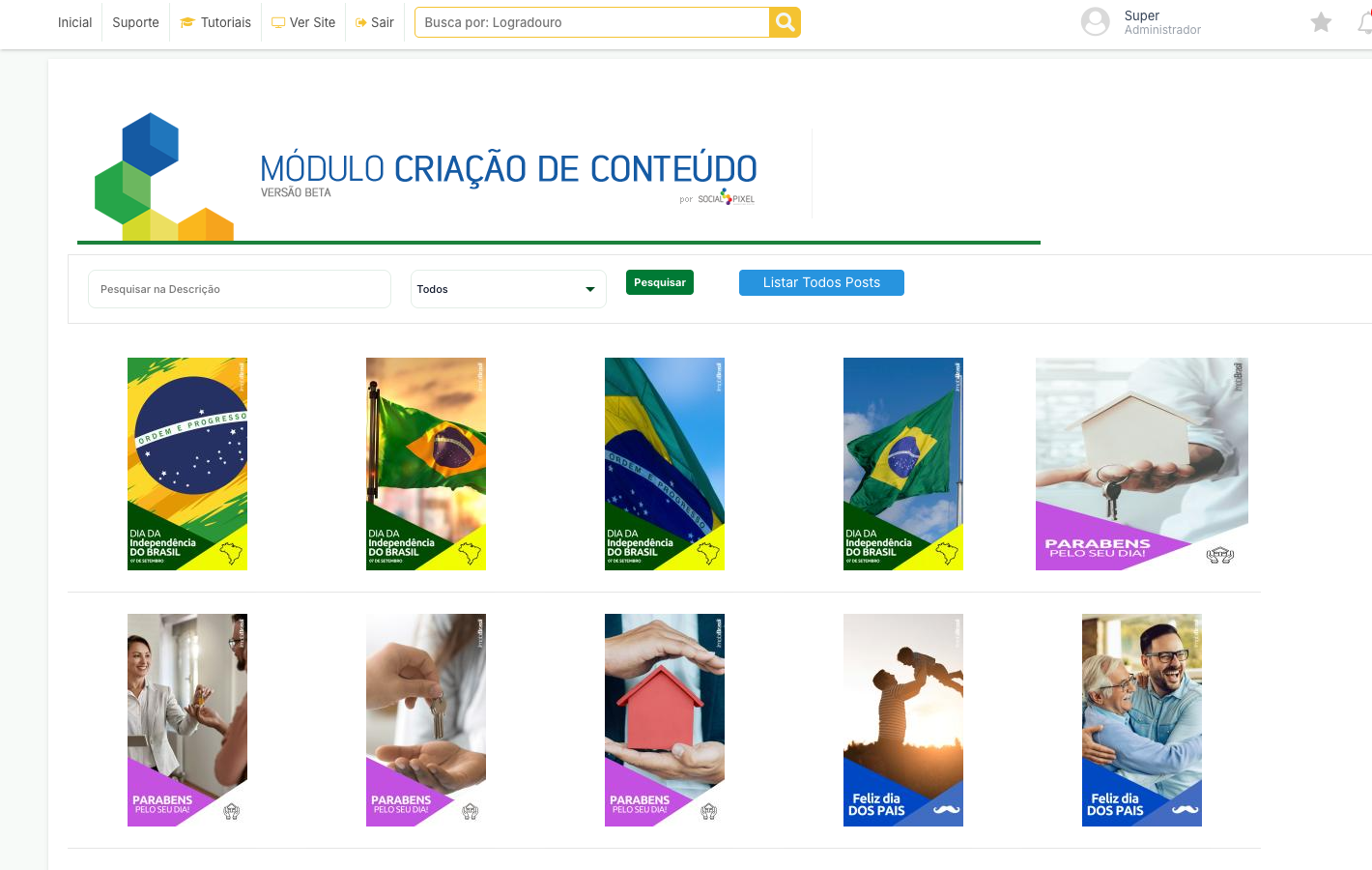 Tela do Módulo Criação de Conteúdo, com a galeria de imagens prontas para post