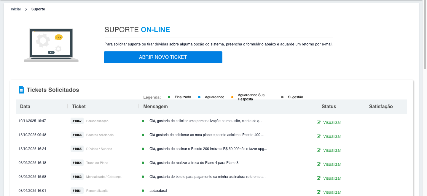 Tela Suporte On-line, com o botão Abrir Novo Ticket e a lista de tickets solicitados