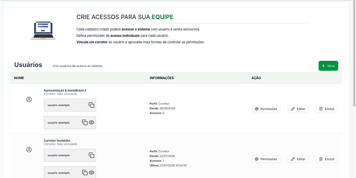 Tela Usuários Adicionais, com a lista de usuários e os botões Permissões, Editar e Excluir em cada linha