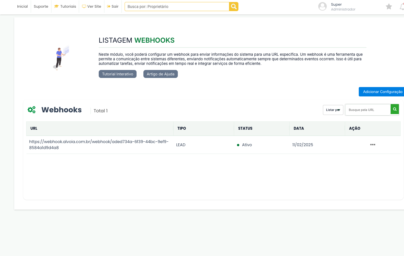 Tela Listagem Webhooks, com as colunas URL, Tipo, Status, Data e Ação
