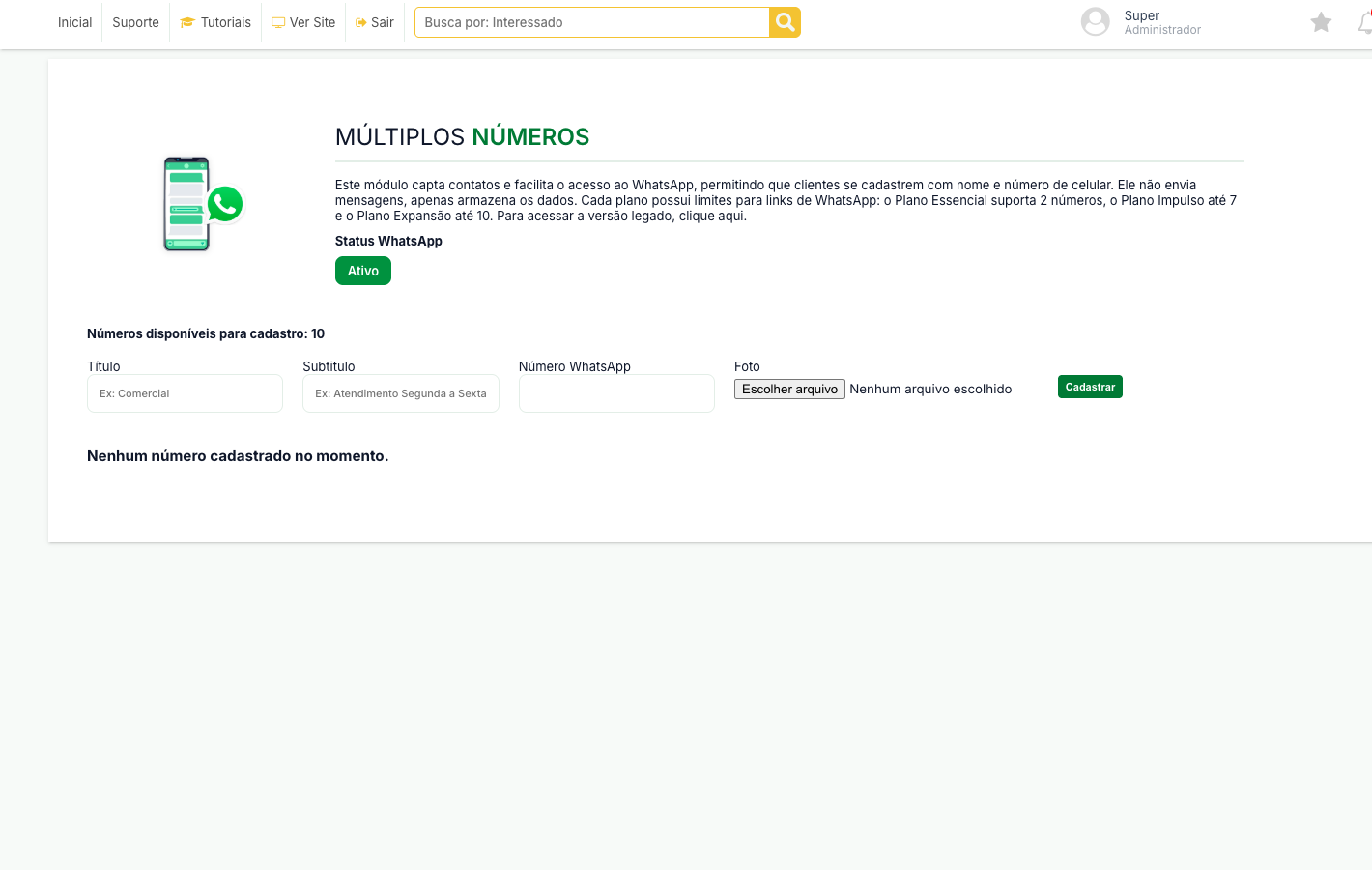 Tela do módulo WhatsApp Lead, na versão de múltiplos números
