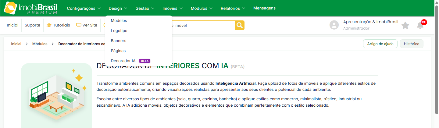 Menu Design aberto no painel, com o item Decorador IA