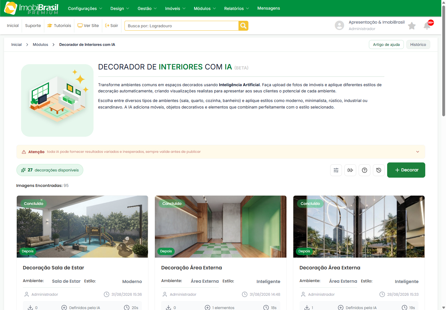 Tela de decoracoes com o saldo disponivel e os cartoes de cada decoracao