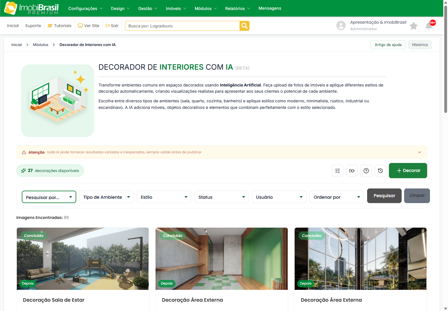 Filtros da tela de decoracoes: tipo de ambiente, estilo, status, usuario e ordenacao