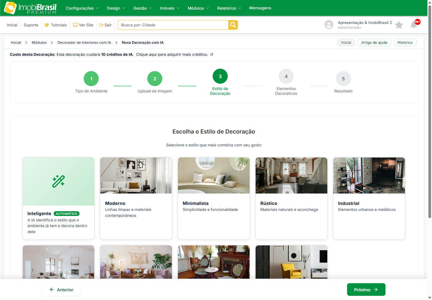 Etapa 3 do assistente: escolha do estilo de decoracao, com o estilo Inteligente em primeiro