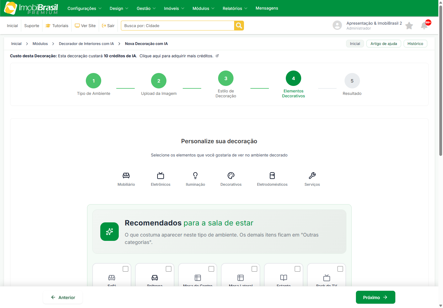 Etapa 4 do assistente: elementos decorativos, com o grupo Recomendados no topo