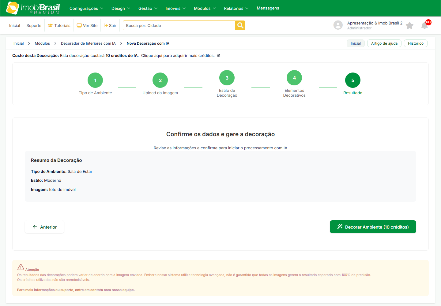 Etapa 5 do assistente: resumo da decoracao e o botao Decorar Ambiente