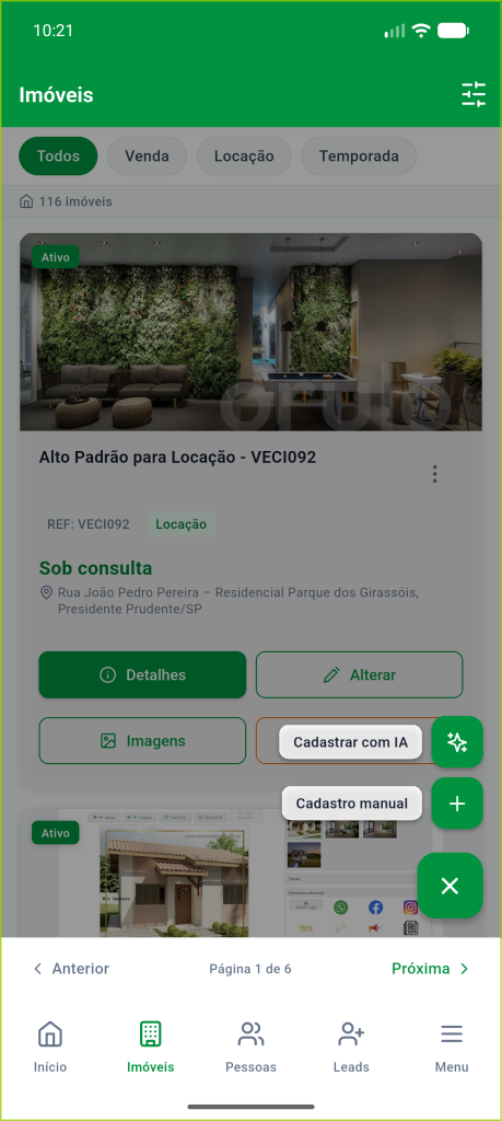 Lista de imóveis com o botão + aberto, mostrando as opções Cadastrar com IA e Cadastro manual