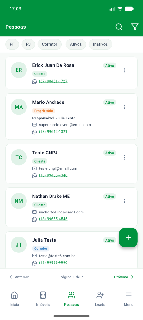 Lista de pessoas com os filtros PF, PJ, Corretor, Ativos e Inativos e o botão +