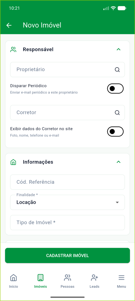 Tela Novo Imóvel com as seções recolhidas e o botão Cadastrar Imóvel no rodapé