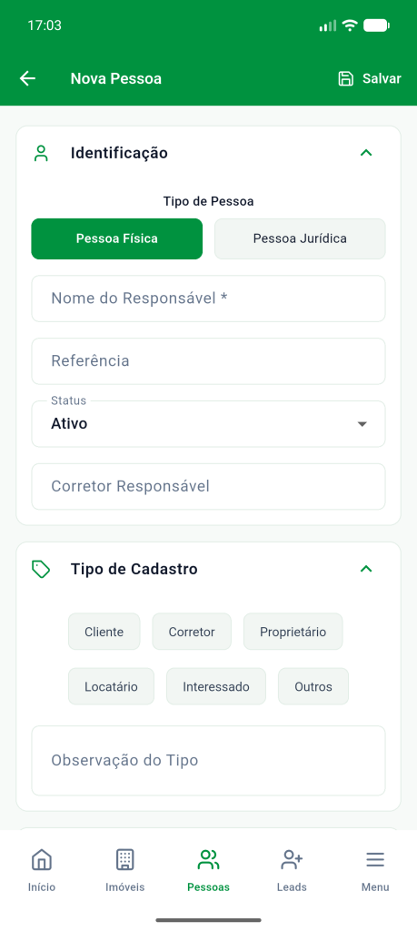 Tela Nova Pessoa com as seções Identificação e Tipo de Cadastro