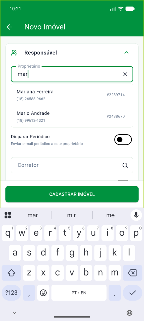 Seção Responsável com a busca de proprietário aberta