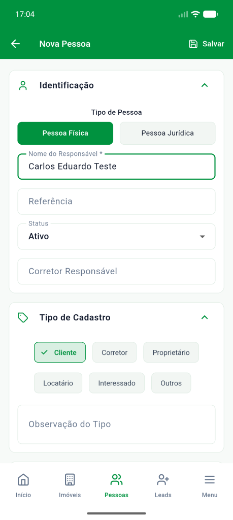 Nome preenchido e o tipo de cadastro Cliente marcado