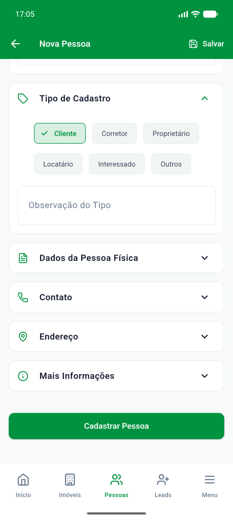 Seções recolhidas e o botão Cadastrar Pessoa no fim do formulário