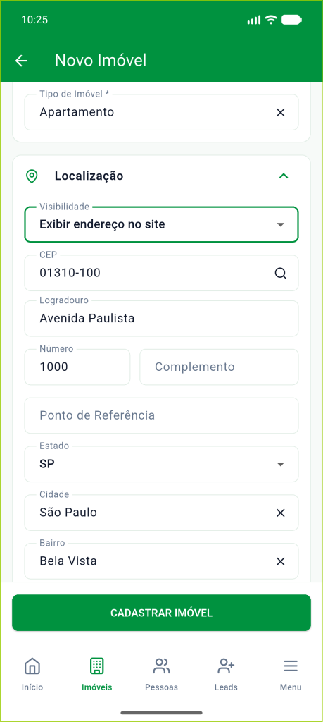 Seção Localização com o CEP preenchido e campos completados automaticamente