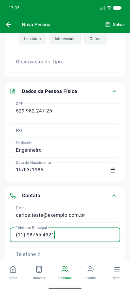 Dados da Pessoa Física e Contato preenchidos