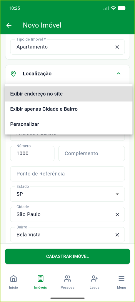 Opções de visibilidade do endereço