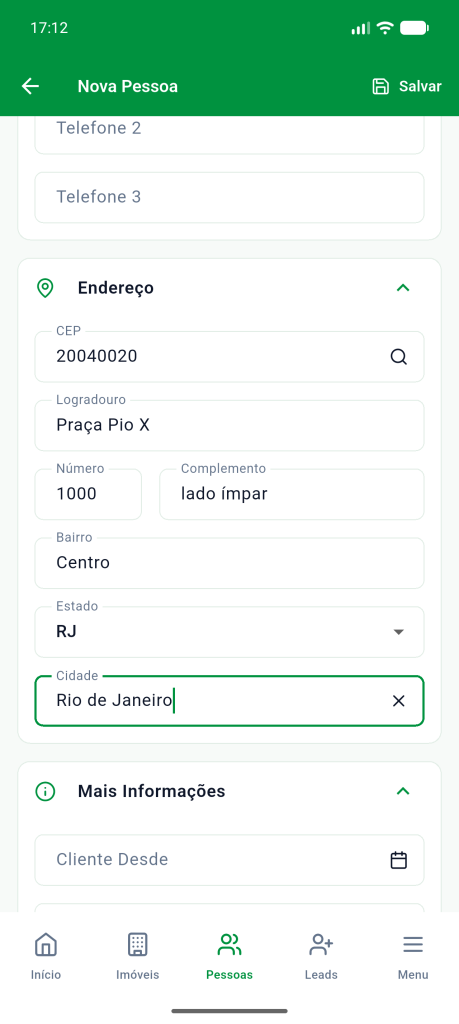 Seção Endereço preenchida a partir do CEP