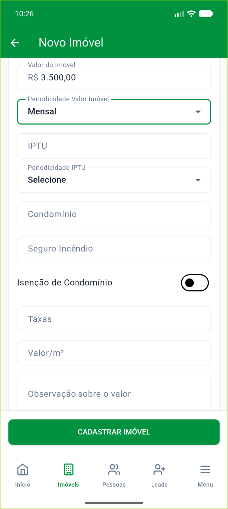 Seção Valores preenchida