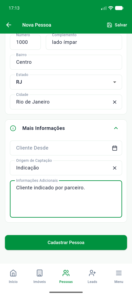 Seção Mais Informações com origem de captação Indicação
