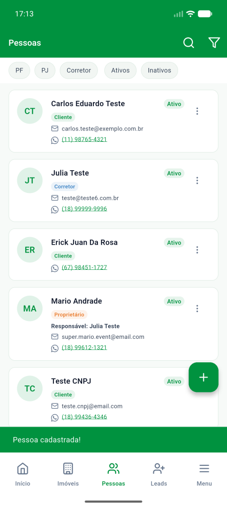 Lista de pessoas com a mensagem Pessoa cadastrada e a nova pessoa no topo