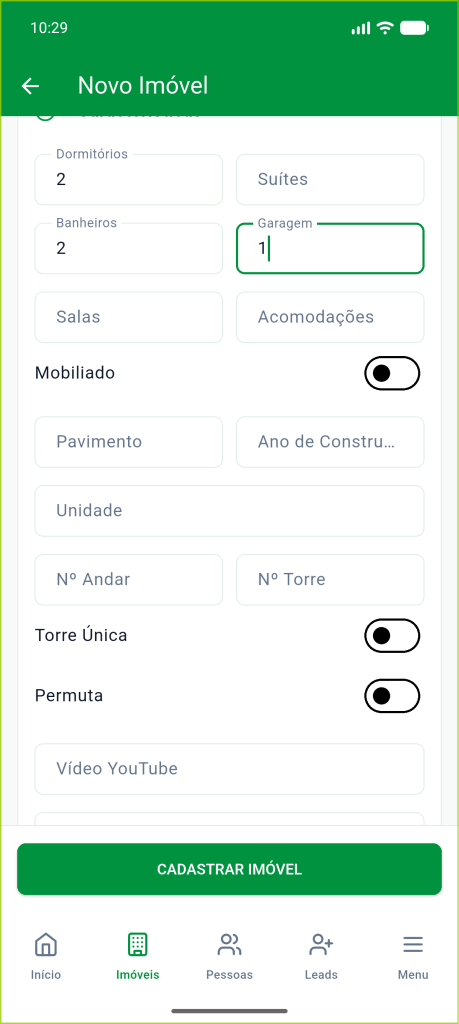 Seção Características com dormitórios, banheiros, vagas e demais campos