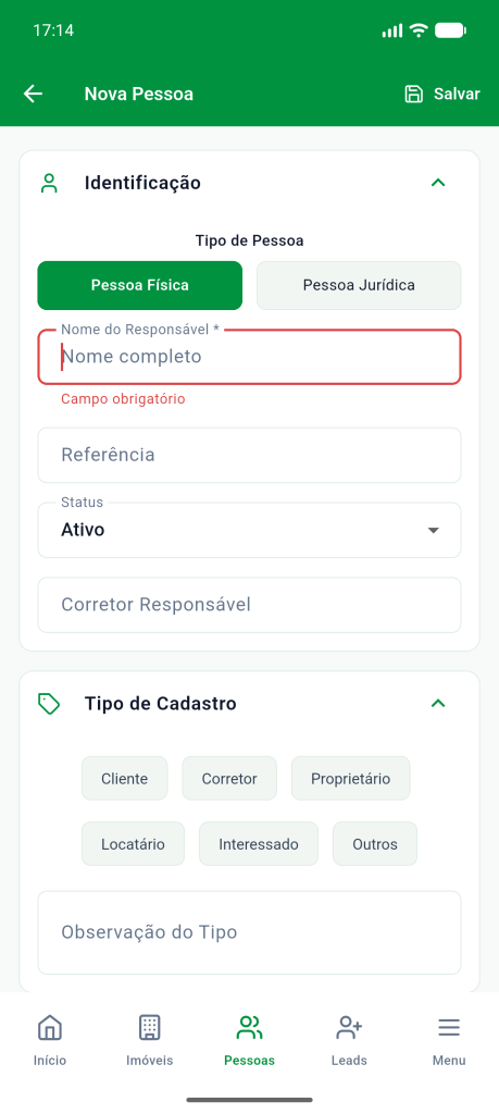 Campo Nome do Responsável em vermelho com a mensagem Campo obrigatório