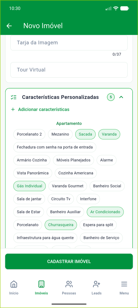 Características Personalizadas com alguns itens marcados