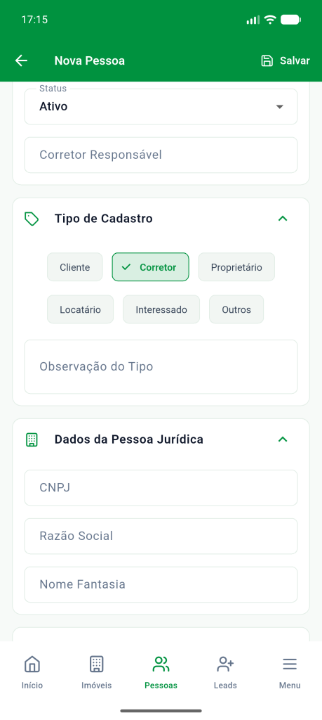 Seção Dados da Pessoa Jurídica com CNPJ, Razão Social e Nome Fantasia