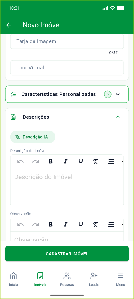 Seção Descrições com o botão de gerar com IA