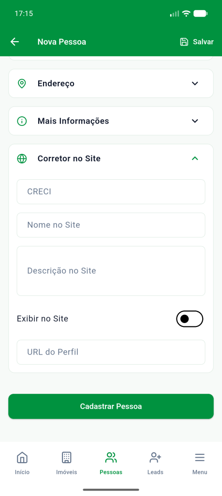 Seção Corretor no Site com CRECI, nome, descrição e URL do perfil