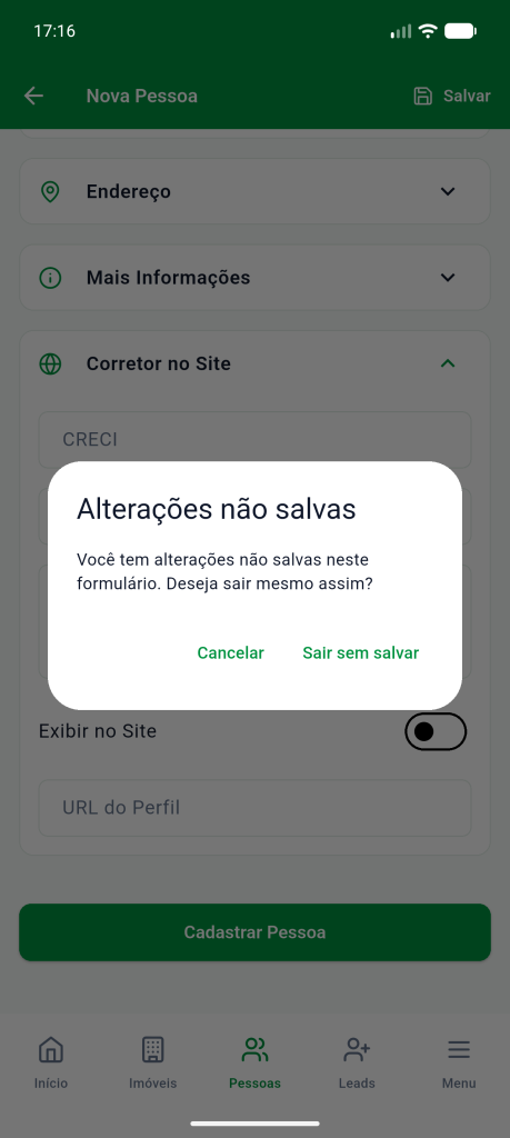Aviso de alterações não salvas com os botões Cancelar e Sair sem salvar