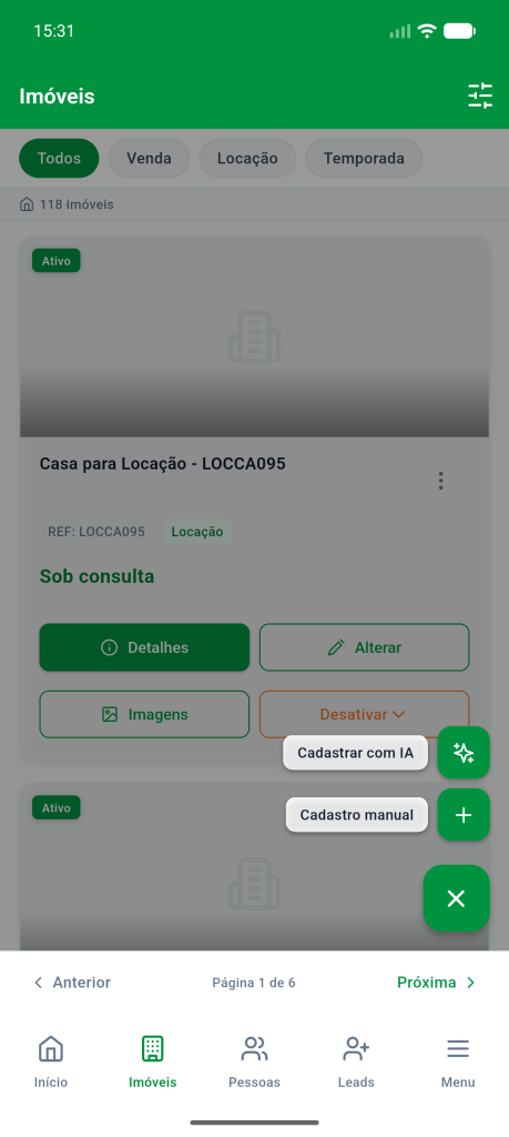 Listagem de imóveis com o botão + aberto, mostrando as opções Cadastrar com IA e Cadastro manual