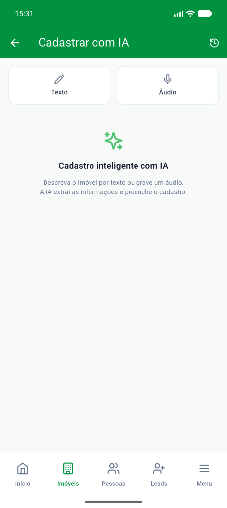 Tela Cadastrar com IA com as abas Texto e Áudio e o ícone de rascunhos no canto superior direito
