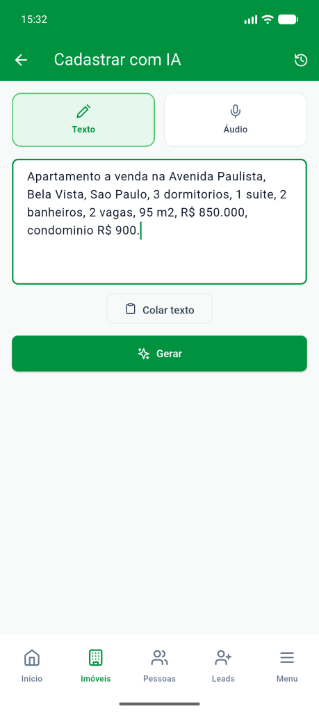 Aba Texto com a descrição de um apartamento à venda na Avenida Paulista e o botão Gerar