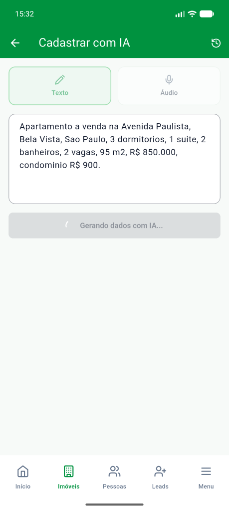 Aba Texto com o botão exibindo Gerando dados com IA
