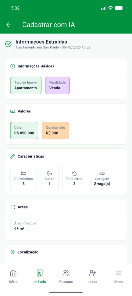 Tela Informações Extraídas com os cartões Informações Básicas, Valores, Características e Áreas
