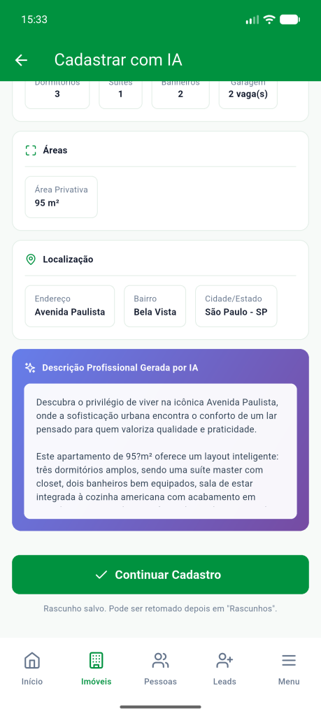 Cartões Localização e Descrição Profissional Gerada por IA, com o botão Continuar Cadastro