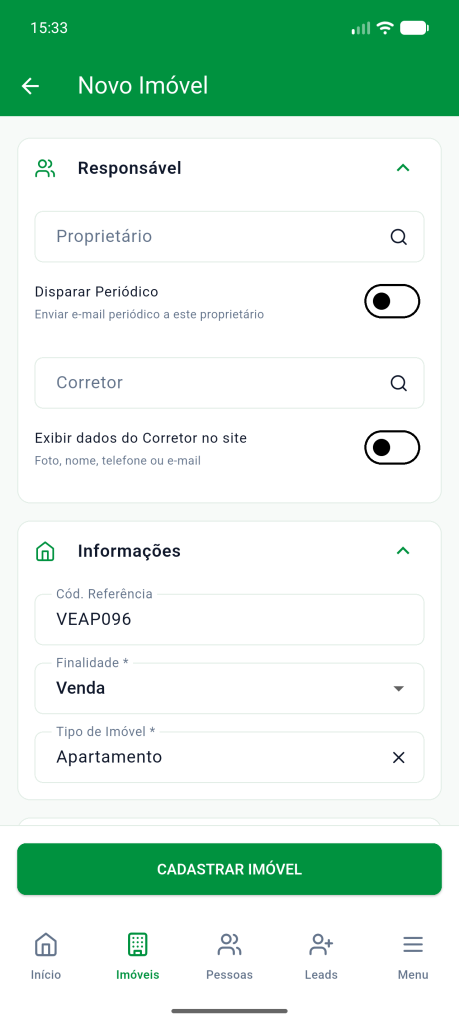 Formulário Novo Imóvel com a referência, a finalidade Venda e o tipo Apartamento preenchidos pela IA