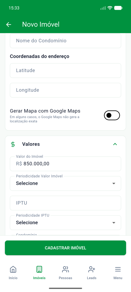 Seção Valores do formulário com o valor do imóvel preenchido pela IA