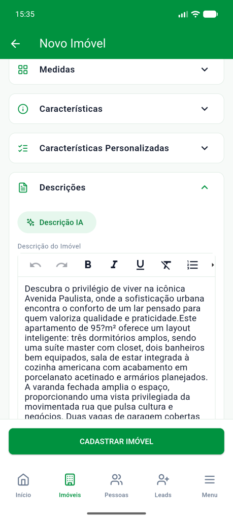 Seção Descrições com o texto gerado pela IA no campo Descrição do Imóvel