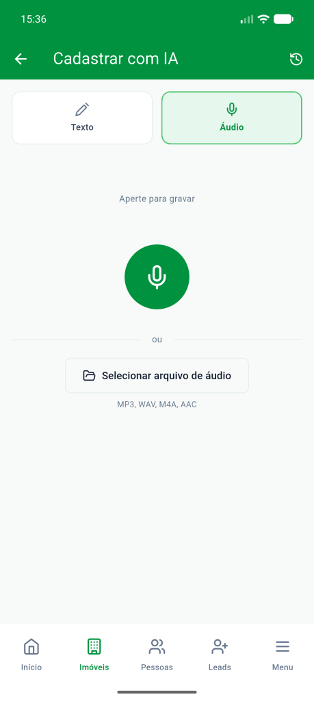 Aba Áudio com o botão do microfone, a opção Selecionar arquivo de áudio e os formatos aceitos