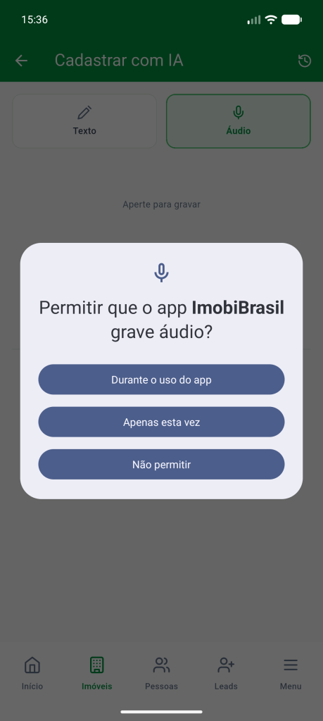 Pergunta do Android sobre a permissão de gravação de áudio, com as opções Durante o uso do app, Apenas esta vez e Não permitir