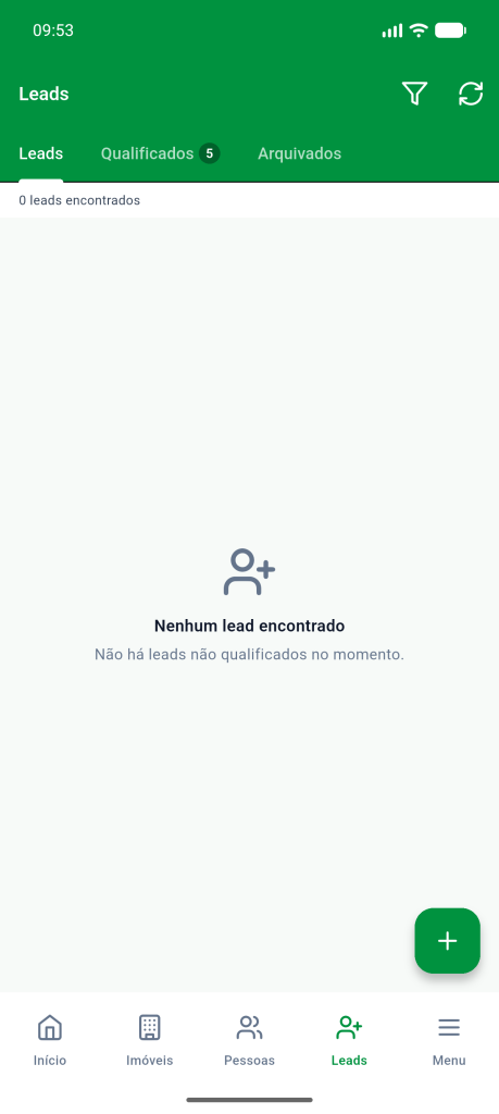 Tela Leads com as abas Leads, Qualificados e Arquivados, o ícone de filtro e a mensagem Nenhum lead encontrado