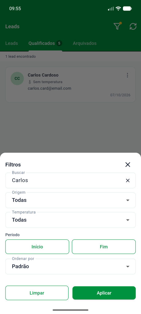 Filtros com os campos Buscar, Origem, Temperatura, Período e Ordenar por, e os botões Limpar e Aplicar