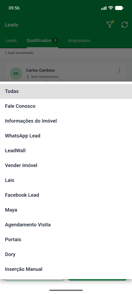Lista de origens do filtro, de Fale Conosco até Inserção Manual