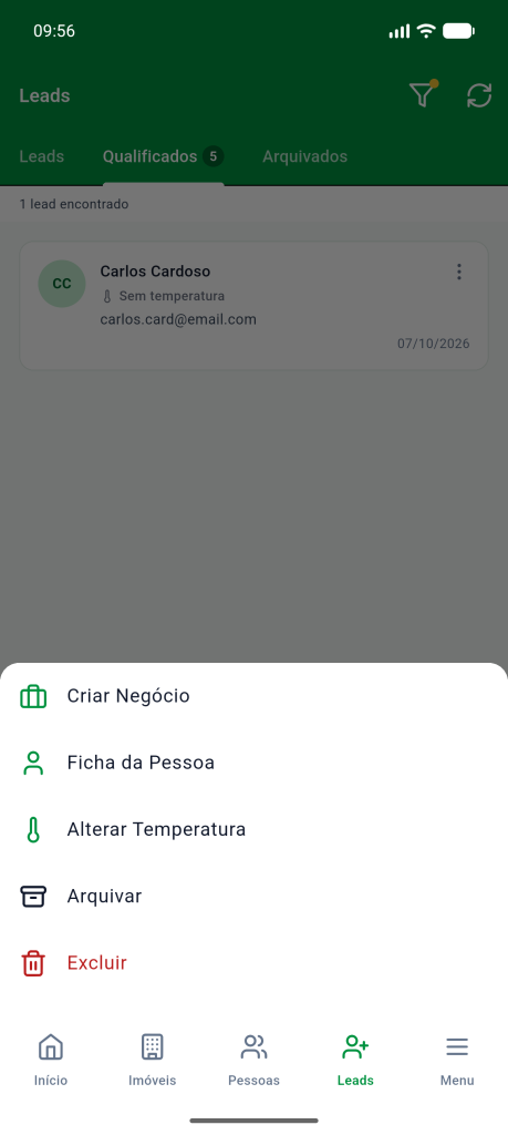 Menu do lead qualificado com as opções Criar Negócio, Ficha da Pessoa, Alterar Temperatura, Arquivar e Excluir