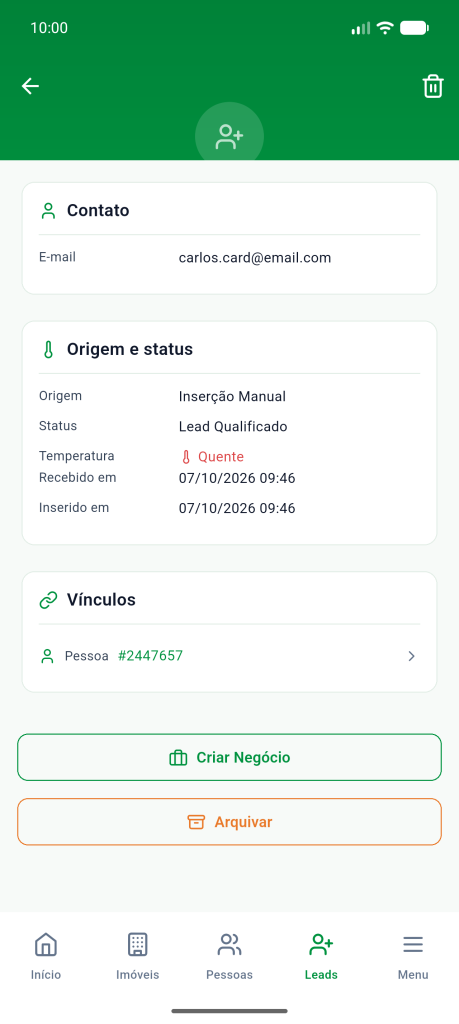 Ficha do lead qualificado com os botões Criar Negócio e Arquivar